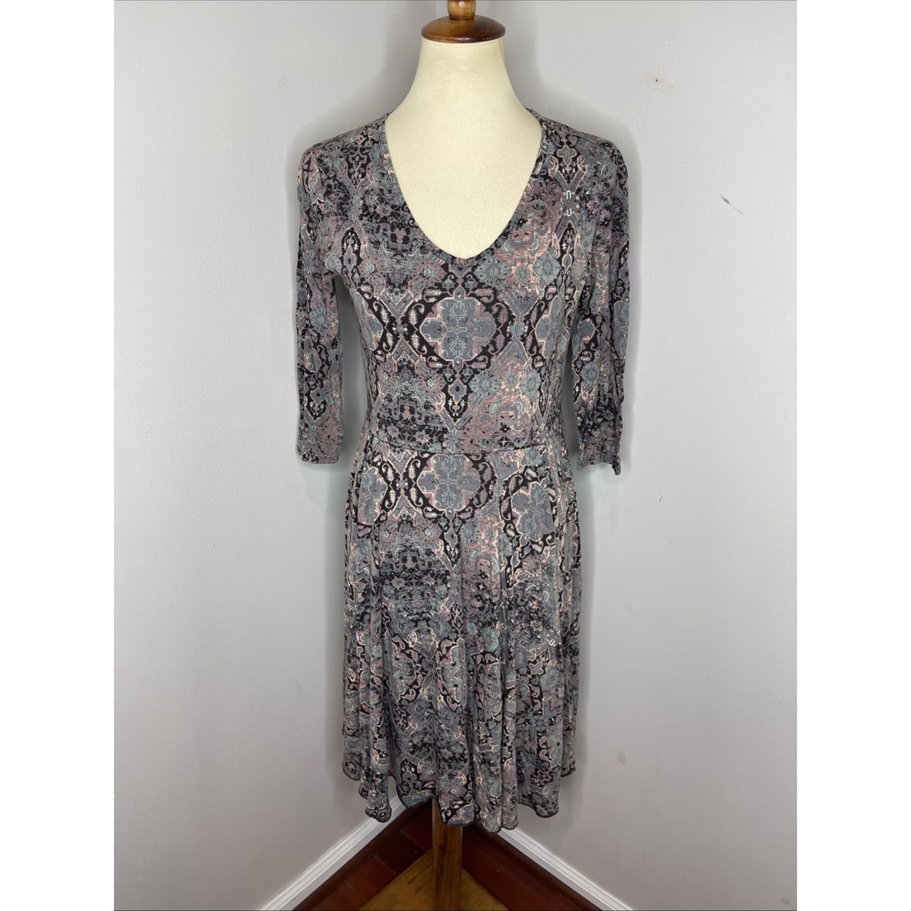Peruvian Connection Gray Blue Pink 3/4 Sleeve v-neck Dress lightweight travel M - Picture 3 of 11